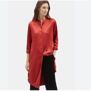 EILEEN FISHER PETITE RED RECYCLED POLYESTER SATIN SHIRTDRESS - MP